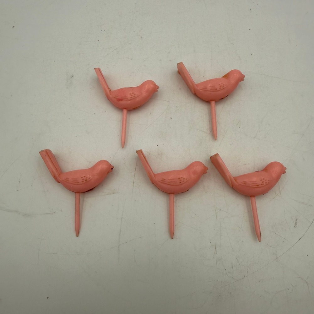 Vintage Pink Plastic Bird Picks Cake Toppers Floral Stakes Set of 5 Retro Decor